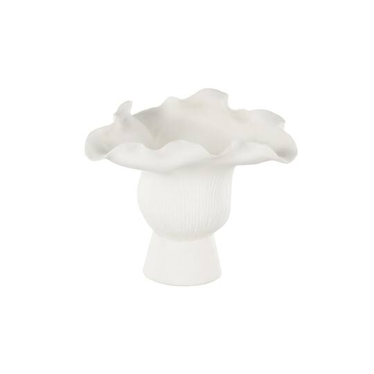 9.75" White Ceramic Abstract Floral Vase with Linear Grooves
